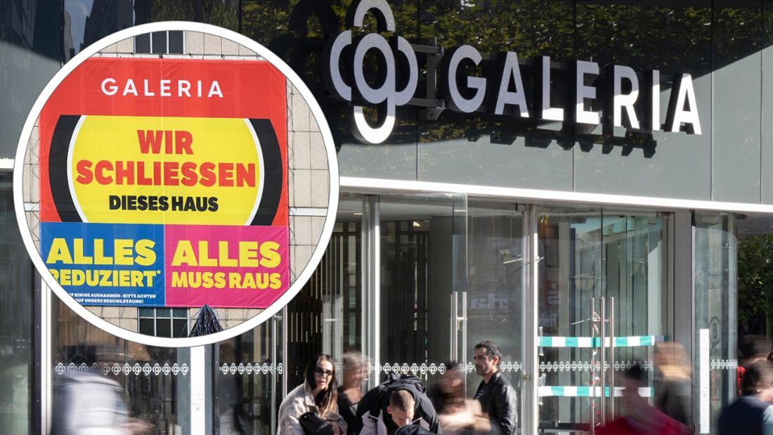 Il logo Galeria sulla parte anteriore della vetrina della Hauptwache di Francoforte.  Il gruppo di grandi magazzini Galeria Karstadt Kaufhof vuole chiudere molte filiali in tutto il paese.  In cerchio: un grande striscione è appeso alla facciata della Galeria Kaufhof di Halle.  Il negozio dovrebbe chiudere a fine anno.