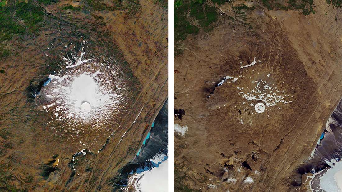 La Terra si sta riscaldando e i ghiacciai si stanno sciogliendo.  A sinistra c'è il ghiacciaio Okjökull in cima al vulcano Ok in Islanda nel settembre 1986. Nell'agosto 2019 (foto a destra) solo un piccolo granello di ghiaccio dall'ex ghiacciaio.