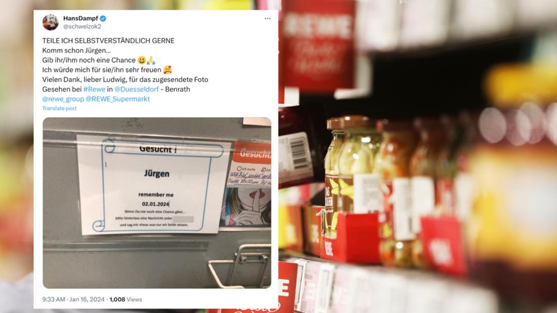 Immagine composita di un tweet e di uno scaffale in un supermercato Rewe