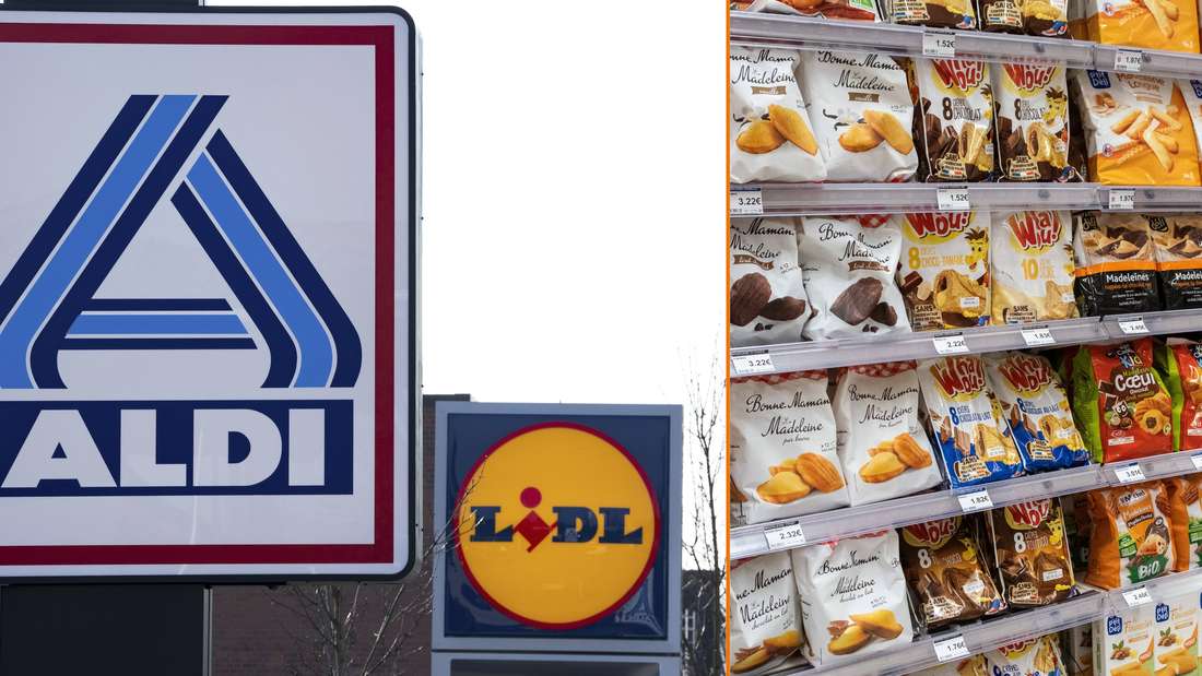 Loghi Lidl e Aldi accanto ai biscotti al supermercato.