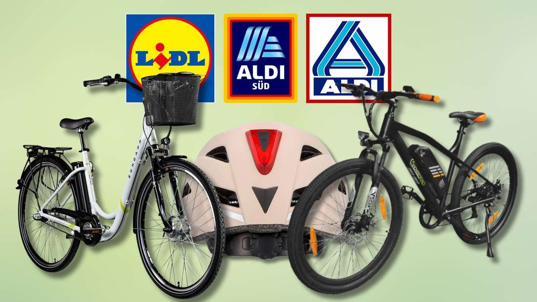 E-bike e caschi davanti ai loghi Lidl-Aldi