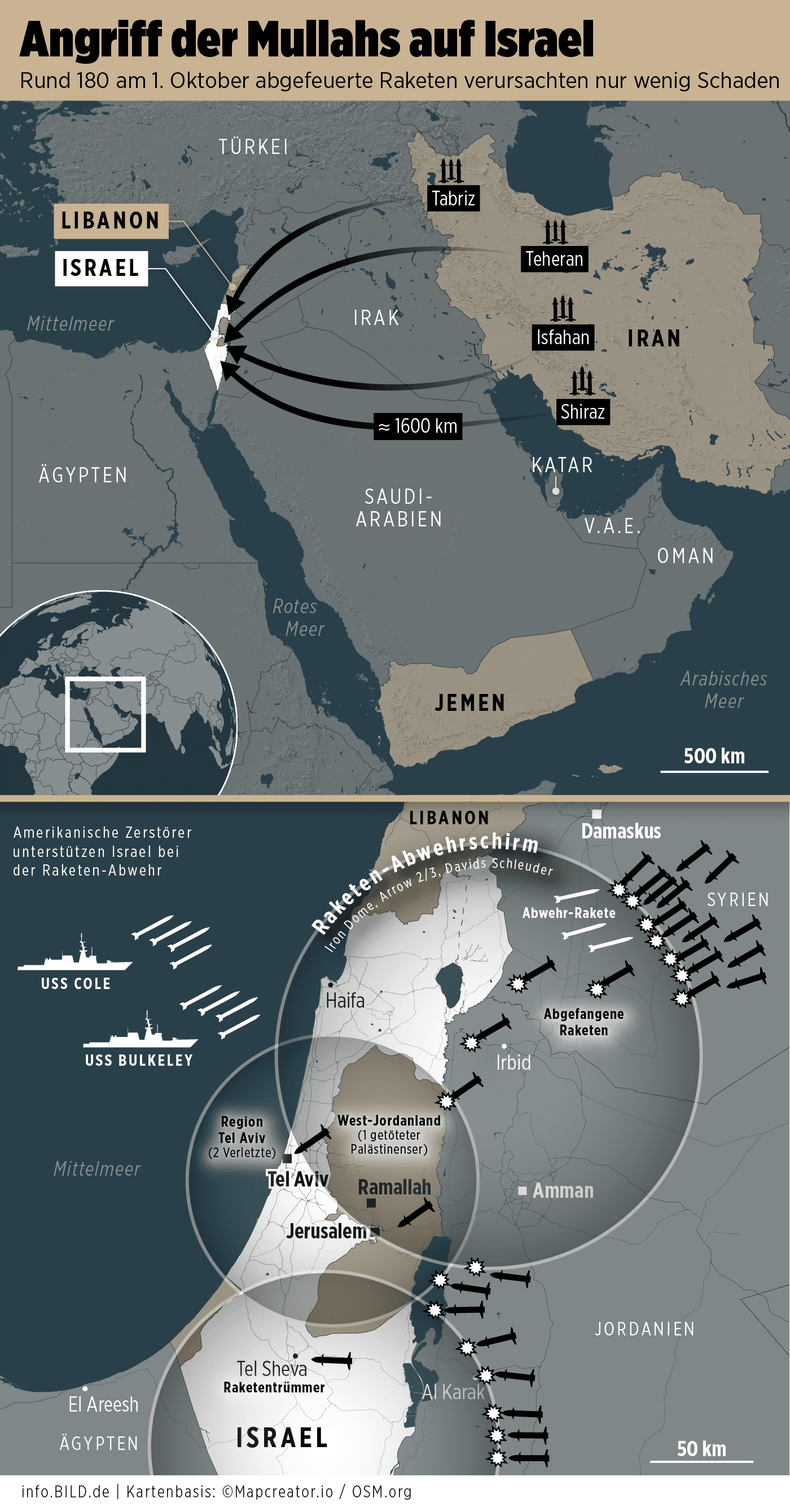 Karte/Map: Angriff der Mullahs auf Israel – Infografik